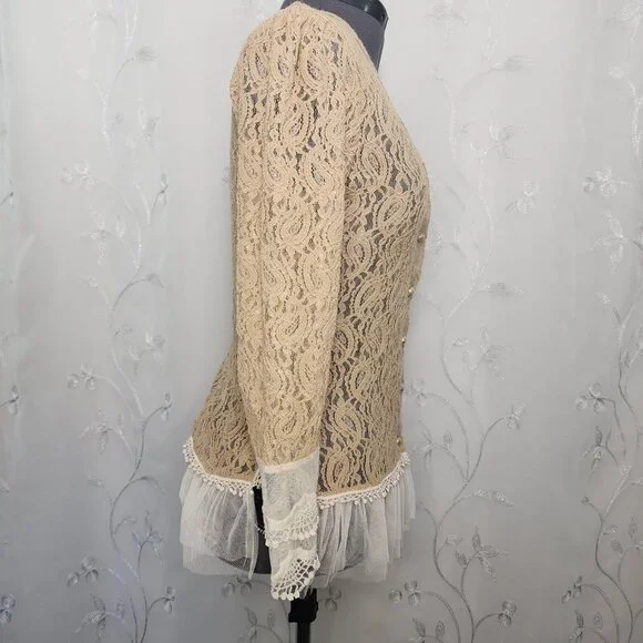 A'Reve Lace  Button-up Cardigan/Blouse with Ruffled Accent - Picture 2 of 11